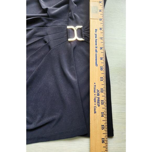 TOP/BLOUSE-CALVIN KLEIN-Black-Sleeveless-Front Gather-Gold Buckle-Size Petite SM - Picture 11 of 11